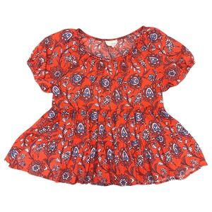 The Korner Size XS Red Floral Print Ruffle Short Sleeve Babydoll Top Blouse‎
